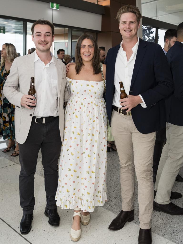 Molly Wagner with Huw Talyor (left) and Tom Wagner at It's A Bloke Thing 2023 at Wellcamp Airport, Friday, August 18, 2023. Picture: Kevin Farmer