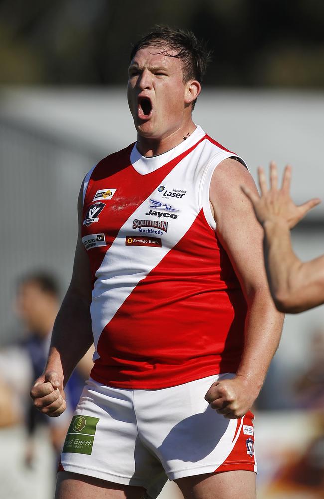 Alexander Collins celebrates one of his five goals for Bridgewater in the 2015 Grand Final. Picture: Yuri Kouzmin