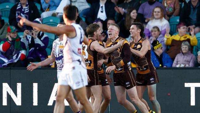 James Sicily celebrates a goal during the win over Fremantle. (Photo by Michael Willson/AFL Photos via Getty Images)