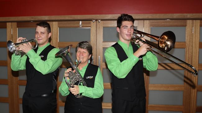 <span id="U6225465389068eB" style="font-weight:bold;font-style:normal;">SHOWCASE: </span>Cairns Brass members Geordie McInnes (left) on cornet, Deb Paraha on tenor horn and Oliver Kurukchi on trombone prepare for next weekend’s Brass Sweat &amp; Tears concert in the new Cairns Performing Art Centre. Picture: JACK LAWRIE