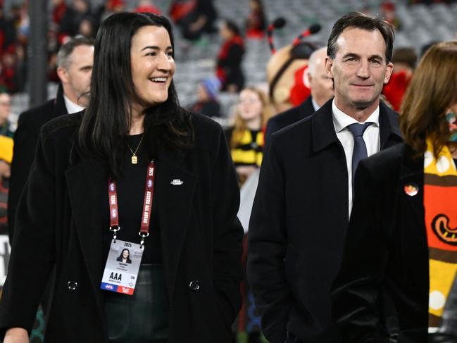 Laura Kane and Andrew Dillon during the Dreamtime at the ‘G clash. Picture: Quinn Rooney/Getty Images