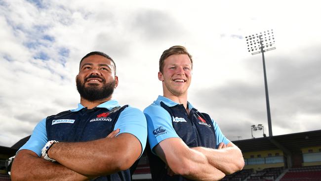 Waratahs players Tolu Latu and Cameron Clark pose for a photo at Brookvale Oval.