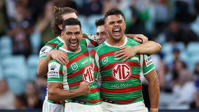 SYDNEY, AUSTRALIA – APRIL 02: Latrell Mitchell of the Rabbitohs celebrates scoring a try with Cody Walker of the Rabbitohs and teammates during the round five NRL match between Canterbury Bulldogs and North Queensland Cowboys at Accor Stadium on April 02, 2023 in Sydney, Australia. (Photo by Cameron Spencer/Getty Images)