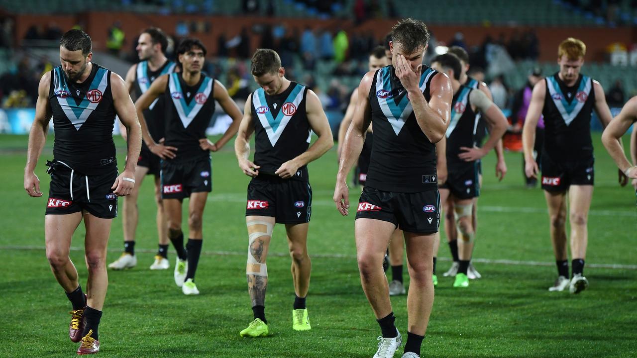 Port Adelaide players leaving the field after the loss to Richmond. Picture: Getty Images
