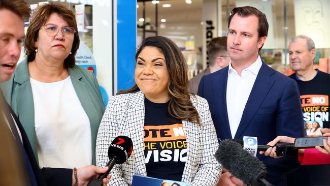 Senator Jacinta Price speaks to the media with Senator Kerrynne Liddle and Member for Sturt James Stevens, campaigning for the No vote at Marden shopping centre. Picture: Kelly Barnes