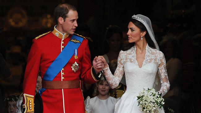 Prince William and his wife Kate, Duchess of Cambridge, come out of Westminster Abbey following their wedding ceremony, in London, in 2011.