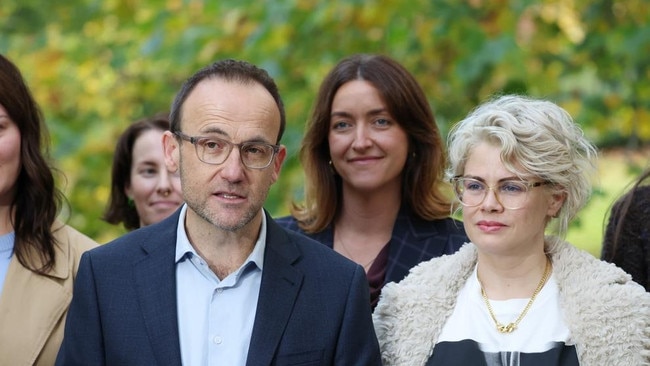 Outgoing Greens leader Adam Bandt holds a press conference on Thursday to concede he has lost the seat of Melbourne, alongside his wife Claudia. Picture: NewsWire/ David Crosling