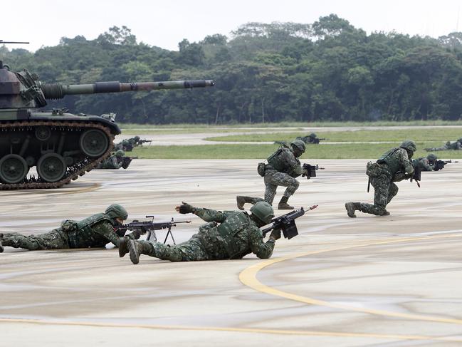 Taiwanese soldiers take part in a military drill in Taoyuan city, Nothern Taiwan. China has dramatically ramped-up what it calls ‘encirclement’ patrols around Taiwan. Picture: AP