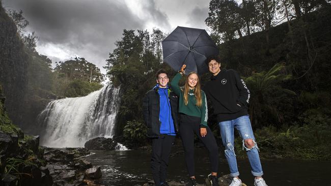 (L-R) Fletcher Wescombe 17, Sienna Dredge 16 and Austin Guard 16 at Guide Falls near Burnie. Picture: CHRIS KIDD