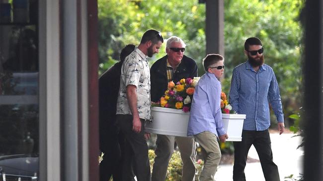 Family and friends carry the coffin of Indie Armstrong at her funeral at the Gregson and Weight funeral chapel in Buderim. Picture: AAP/Darren England