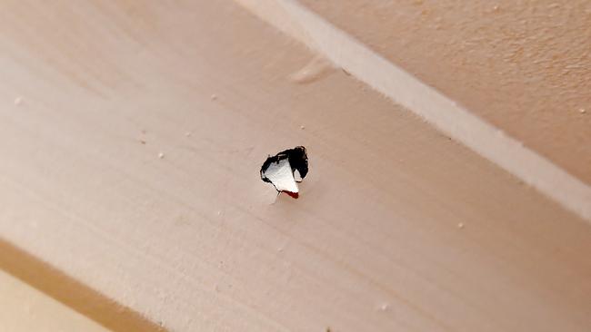 A bullet went through the window and lodged in the cornice. Picture: Lawrence Pinder