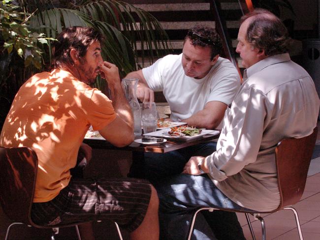 Andrew Johns (L) with legendary manager John Fordham (C) and Australian coach Ricky Stuart during secret lunch at the Fuel Cafe in Newcastle.