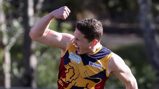 Ben Ratcliffe of Therry Penola celebrates a goal during the VAFA football match between Therry Penola v Preston Bullants played at Oak Park on Saturday 11th August, 2018.