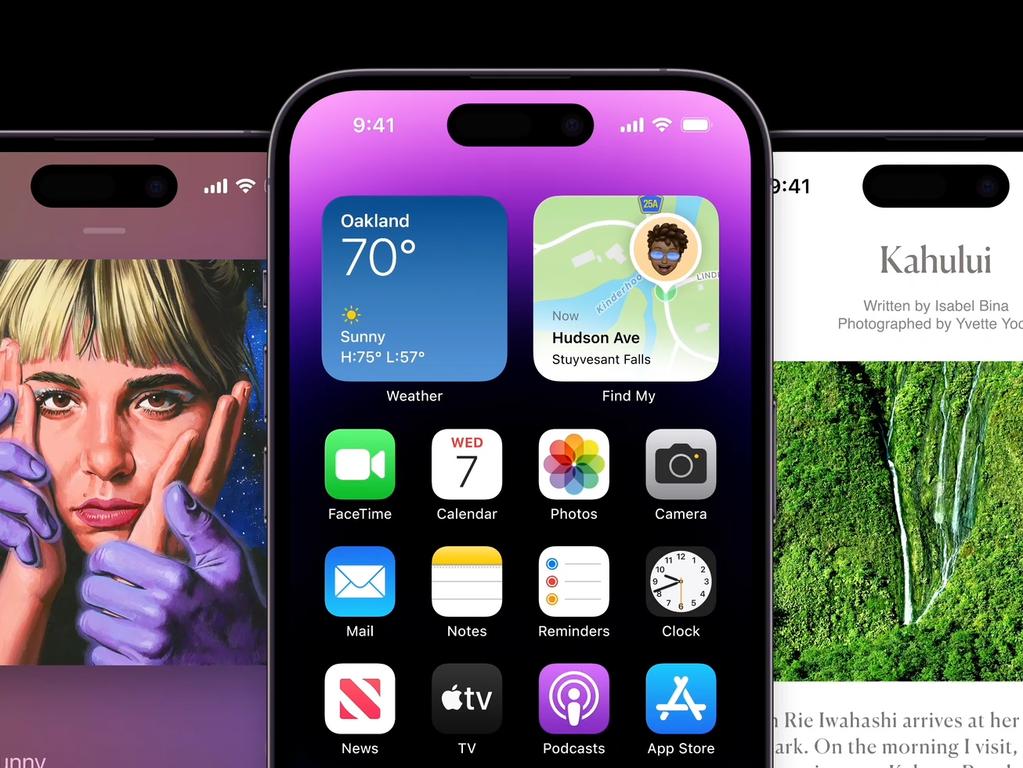 The so called “Dynamic Island” – the lozenge at the top of the screen on iPhone 14 Pro models – will now likely be featured on all iPhone 15s. Picture: Apple.