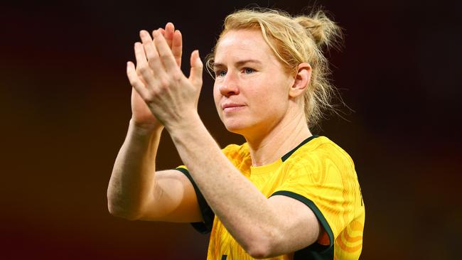 Clare Polkinghorne of Australia applauds the fans after her final appearance for Australia and the team's defeat in the International Friendly match between the Matildas and Brazil at Suncorp Stadium. Picture: Getty