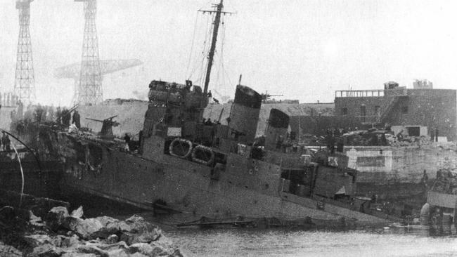 HMS Campbeltown sits wedged in the dock gates at the port of Saint-Nazaire in March 1942.