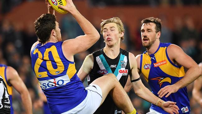 Jeremy McGovern of the Eagles marks the ball during the AFL First Elimination Final.