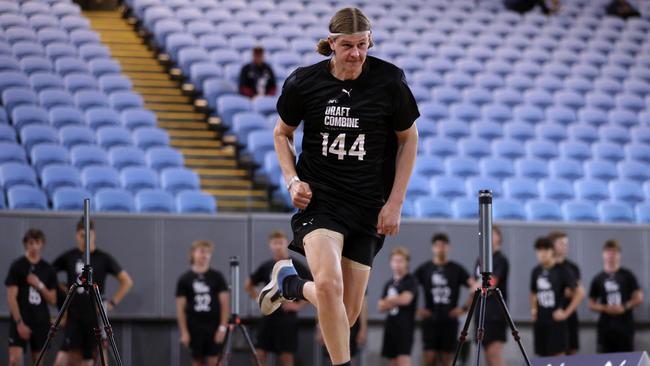 Joe Pike runs the 20-metre sprint test at the draft combine last year. Picture: Martin Keep/AFL Photos/via Getty Images