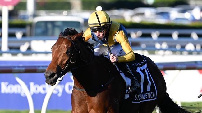 Zac Lloyd breaks through for his maiden Group 1 aboard Stefi Magnetica in the Stradbroke Handicap for trainer Bjorn Baker. Picture: Grant Peters - Trackside Photography.