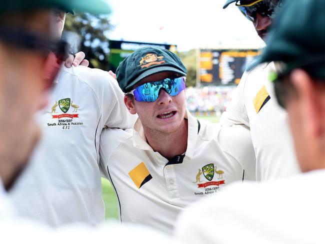 Australian captain Steve Smith gives a stirring addresses to his young team in Adelaide.