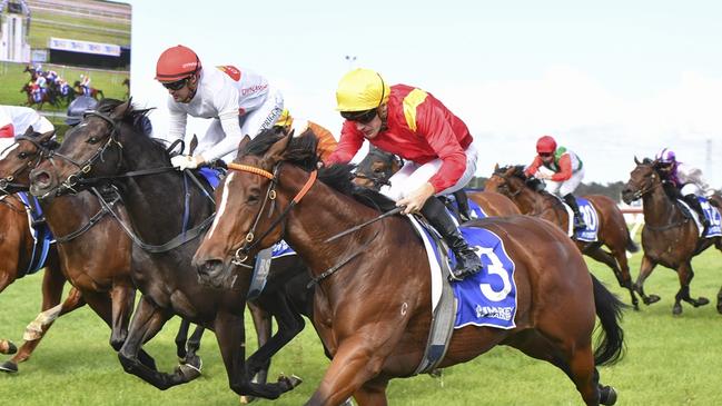 The Anthony Cummings-trained Burnette (red and yellow silks, yellow cap) wins at Kembla Grange in May. Picture: Bradley Photos