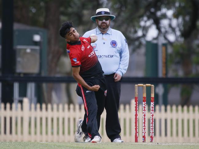 Left-arm quick Amodh Sriram in action for UTS North Sydney in last season’s AW Green Shield. Photographer: Warren Gannon Photography