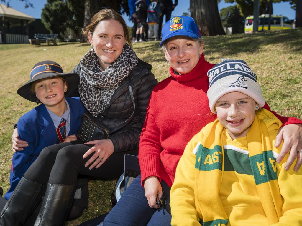 Supporting Downlands are (from left) Eloise Allsopp, Tiana Allsopp, Kristy Tribe and Amelia Tribe at Grammar Downlands Day at Toowoomba Grammar School, Saturday, August 19, 2023. Picture: Kevin Farmer