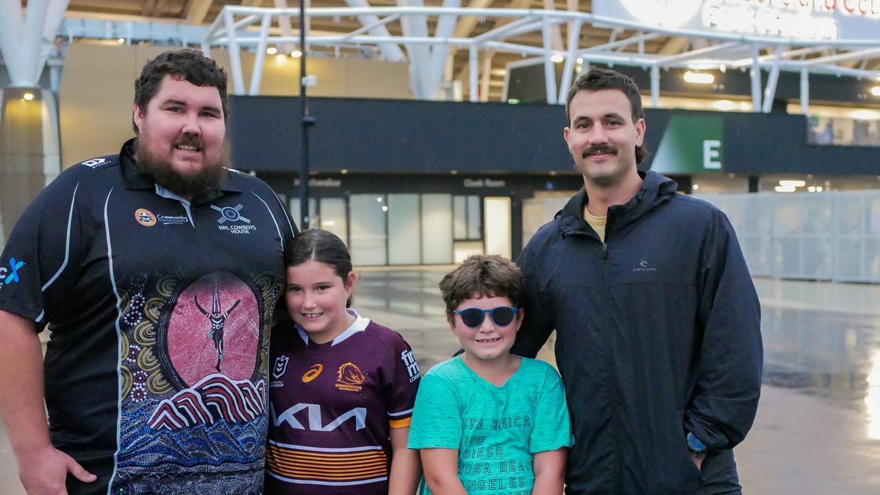 Josh Rowan, Savannah Rowan, 8, Paxton Rowan, 6, and Rhys Rowan head into Queensland Country Bank Stadium for the NRL All Stars on Friday night. Picture: Blair Jackson