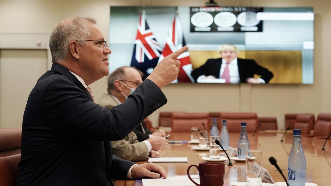 Prime Minister Scott Morrison holds a virtual tele conference with UK Prime Minster Boris Johnson at Parliament House on February 17, 2022. Picture: Adam Taylor