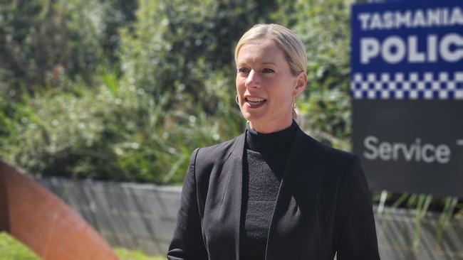 Labor leader Rebecca White speaks to the media at New Norfolk Police Station on Monday, January 22, 2024.