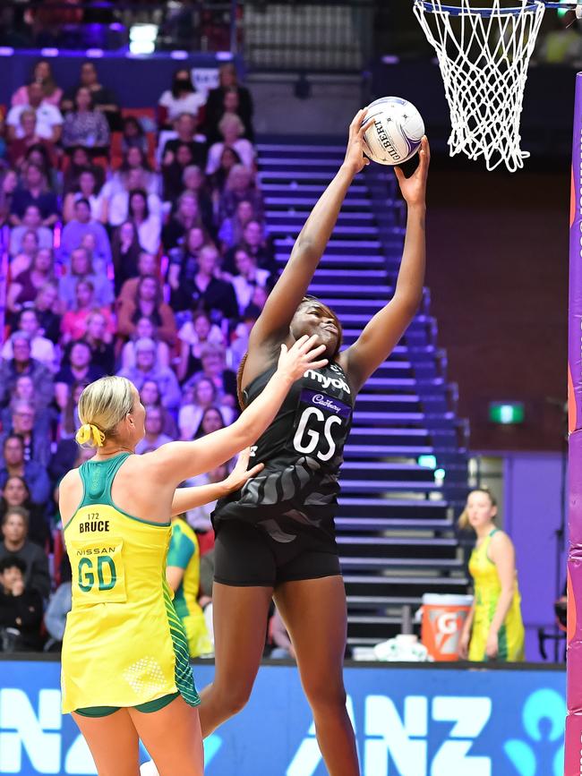 Grace Nweke of the Silver Ferns and Courtney Bruce.