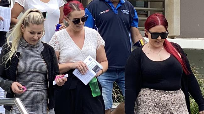 Holly Powers, Holly Green and Maddison Day leave court together earlier this year. Picture: Madeline Crittenden.