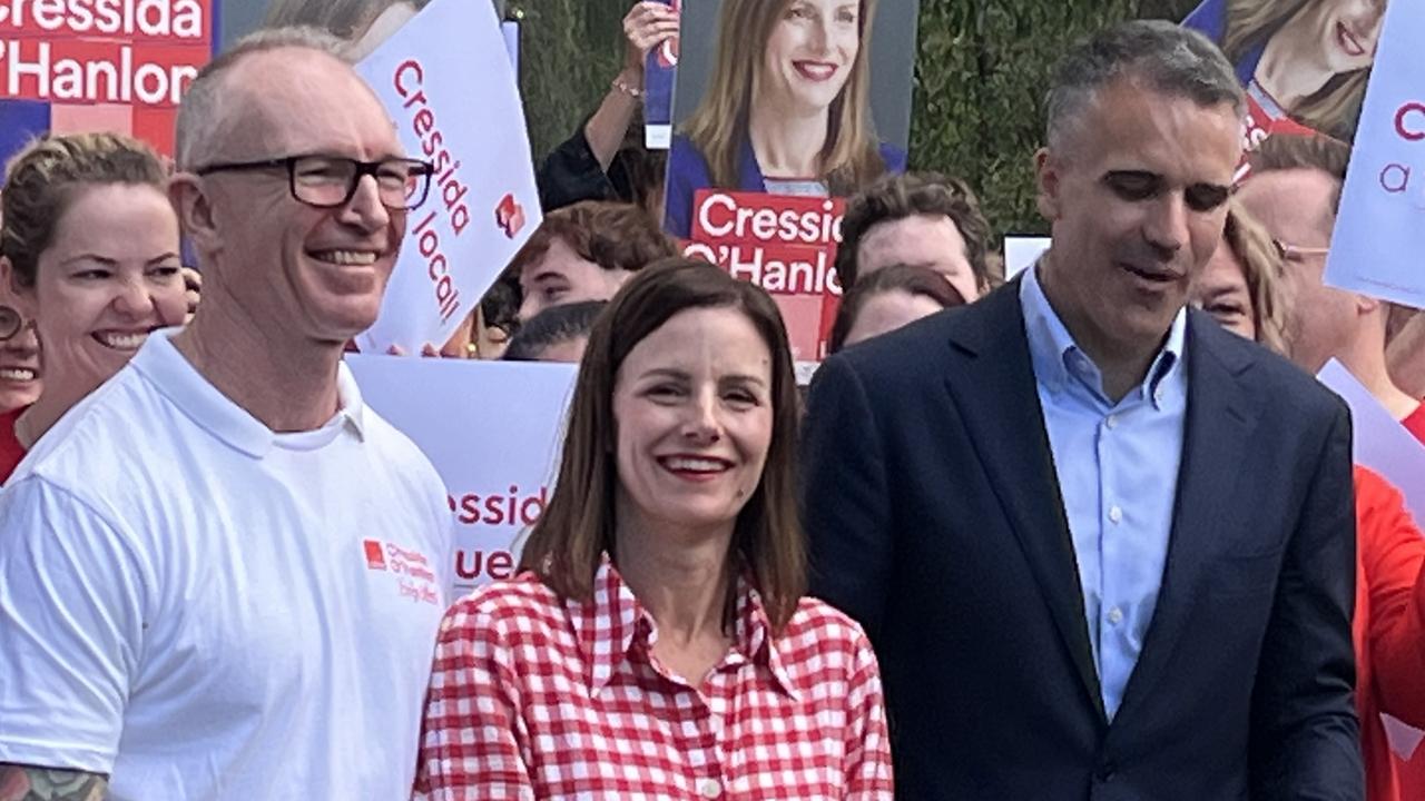 Premier Peter Malinauskas and Labor’s Cressida O'Hanlon with her husband James during a Dunstan by-election campaign event. Picture: Anna Vlach