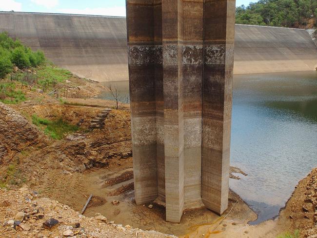 In February 2007 Mangrove Creek Dam’s water intake tower was left high and dry when levels dipped below 10 per cent. Picture: Mark Scott