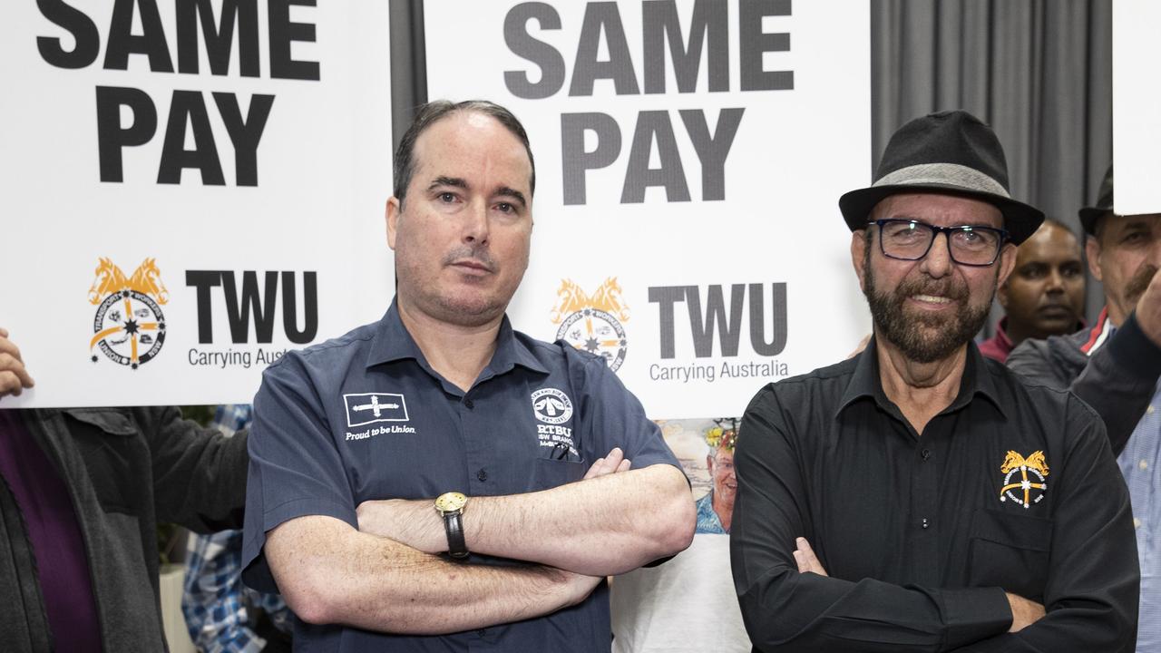 RTBU NSW bus division secretary David Babineau and TWU NSW assistant branch secretary Mick Pieri want a better deal for bus drivers. Picture: NCA NewsWire / Christian Gilles