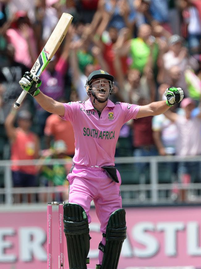 AB de Villiers of South Africa celebrates after smashing the fastest ever one-day century. Picture: Getty