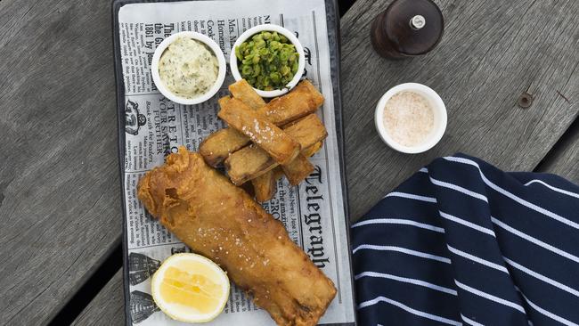 Beer-battered fish and chips with tartare sauce and crushed peas. Picture: Carmen Zammit