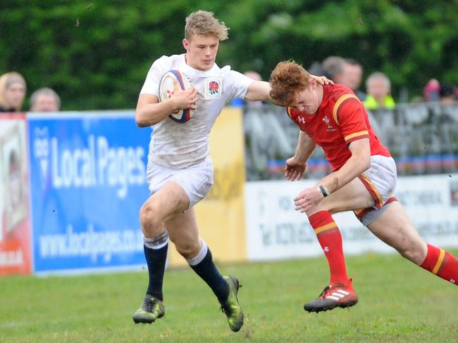 Louis Lynagh (son of Michael Lynagh), left, pictured playing for England during the recent  England U16 v Wales U16. Picture: Supplied