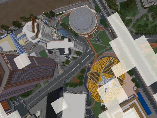 A look at 'mini Melbourne' built in the Minecraft video game. Birds' eye view of the Arts Centre