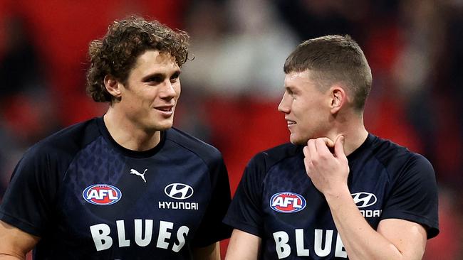 SYDNEY, AUSTRALIA - JULY 06: Charlie Curnow and Sam Walsh of the Blues warm up prior to the round 17 AFL match between Greater Western Sydney Giants and Carlton Blues at ENGIE Stadium, on July 06, 2024, in Sydney, Australia. (Photo by Brendon Thorne/AFL Photos/via Getty Images)