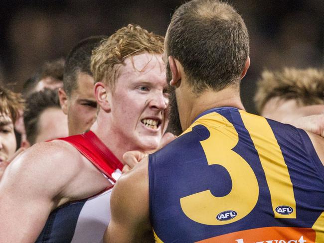 Half time breack clash the during the Round 14 AFL match between the West Coast Eagles and the Melbourne Demons at the Domain Stadium in Perth, Saturday, June 24, 2017. (AAP Image/Tony McDonough) NO ARCHIVING, EDITORIAL USE ONLY