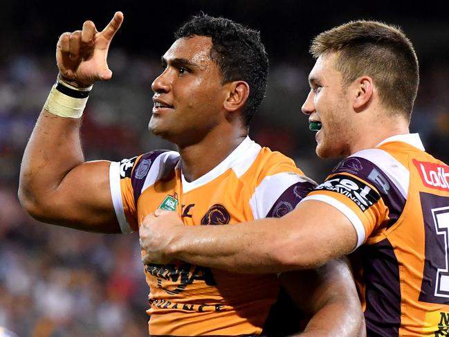 Tevita Pangai jnr (centre) and Tom Opacic (right) of the Broncos are seen celebrating but are denied a try by the referee during the Round 2 NRL match between the Brisbane Broncos and the North Queensland Cowboys at Suncorp Stadium in Brisbane, Friday, March 16, 2018. (AAP Image/Darren England) NO ARCHIVING, EDITORIAL USE ONLY