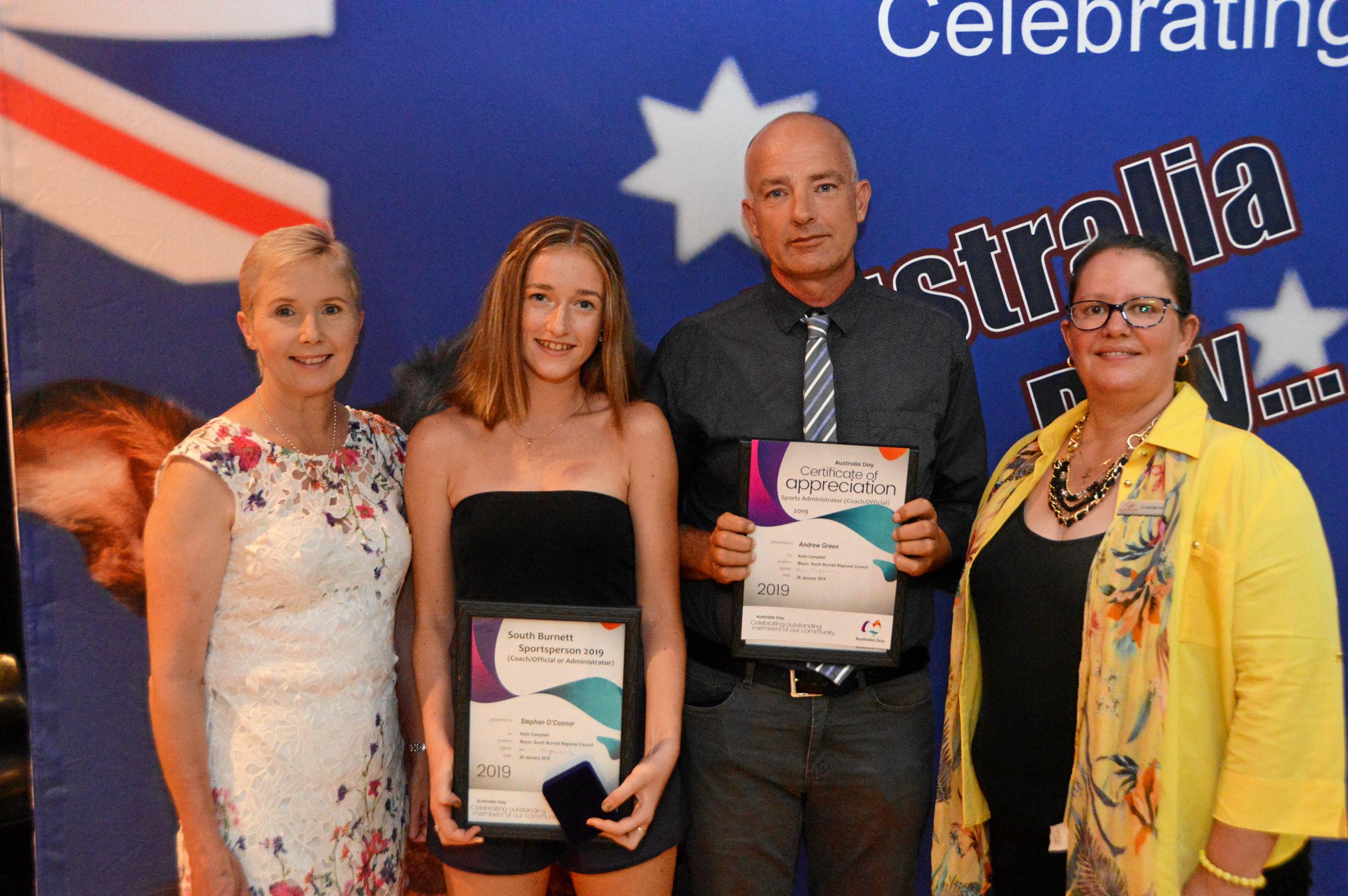 Kirsten O'Connor accepted the South Burnett sportsperson coach, official or administrator award on behalf of her dad Stephen with nominee Andrew Green, Cr Roz Frohloff and Cr Danita Potter at the South Burnett Australia Day awards 2019. Picture: Claudia Williams