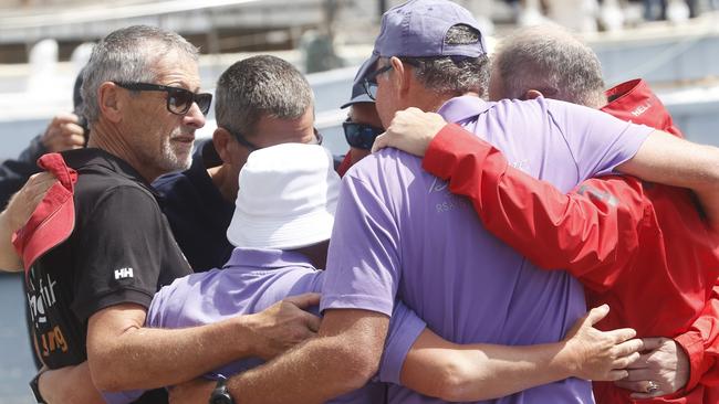 Sailors from Bowline and Flying Fish Arctos after wreaths were laid in tribute at Constitution Dock Hobart following the loss of Nick Smith and Roy Quaden. Picture: Nikki Davis-Jones