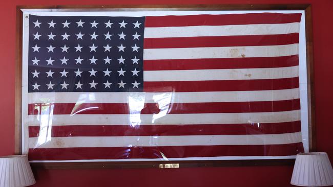 A US flag adorns the living room