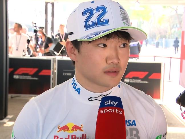 Yuki Tsunoda interviewed by Sky Sports in the pit lane media paddock. Photo: Kayo.