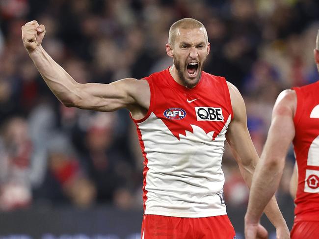 High-flying Sam Reid is set to go around for one more year with the Swans. Picture: Phil Hillyard