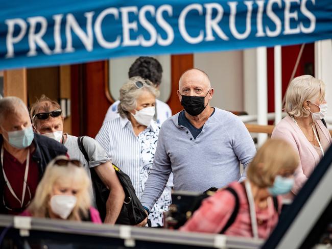 Passengers disembarking from the Majestic Princess on Saturday morning. Picture: Julian Andrews