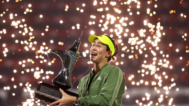 Garbine Muguruza, pictured celebrating her Dubai title in March, is out of the Adelaide International. Picture: Getty Images