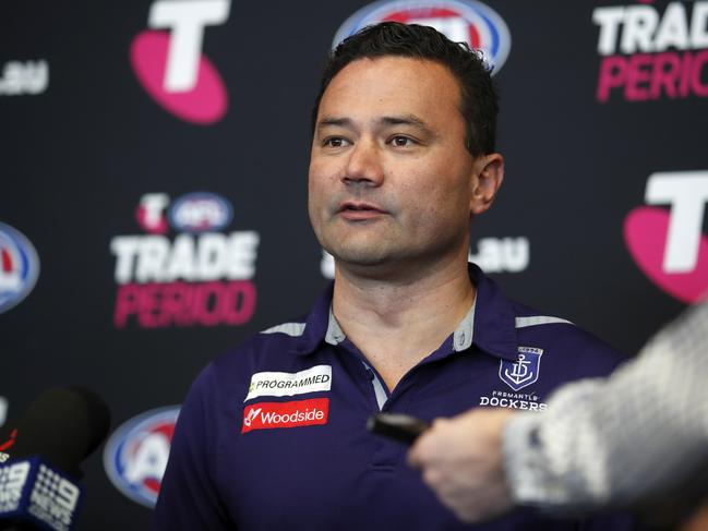 MELBOURNE, AUSTRALIA - OCTOBER 07: Peter Bell, Football Manager of the Dockers speaks with media during the Telstra AFL Trade Period at Marvel Stadium on October 07, 2019 in Melbourne, Australia. (Photo by Dylan Burns/AFL Photos via Getty Images)